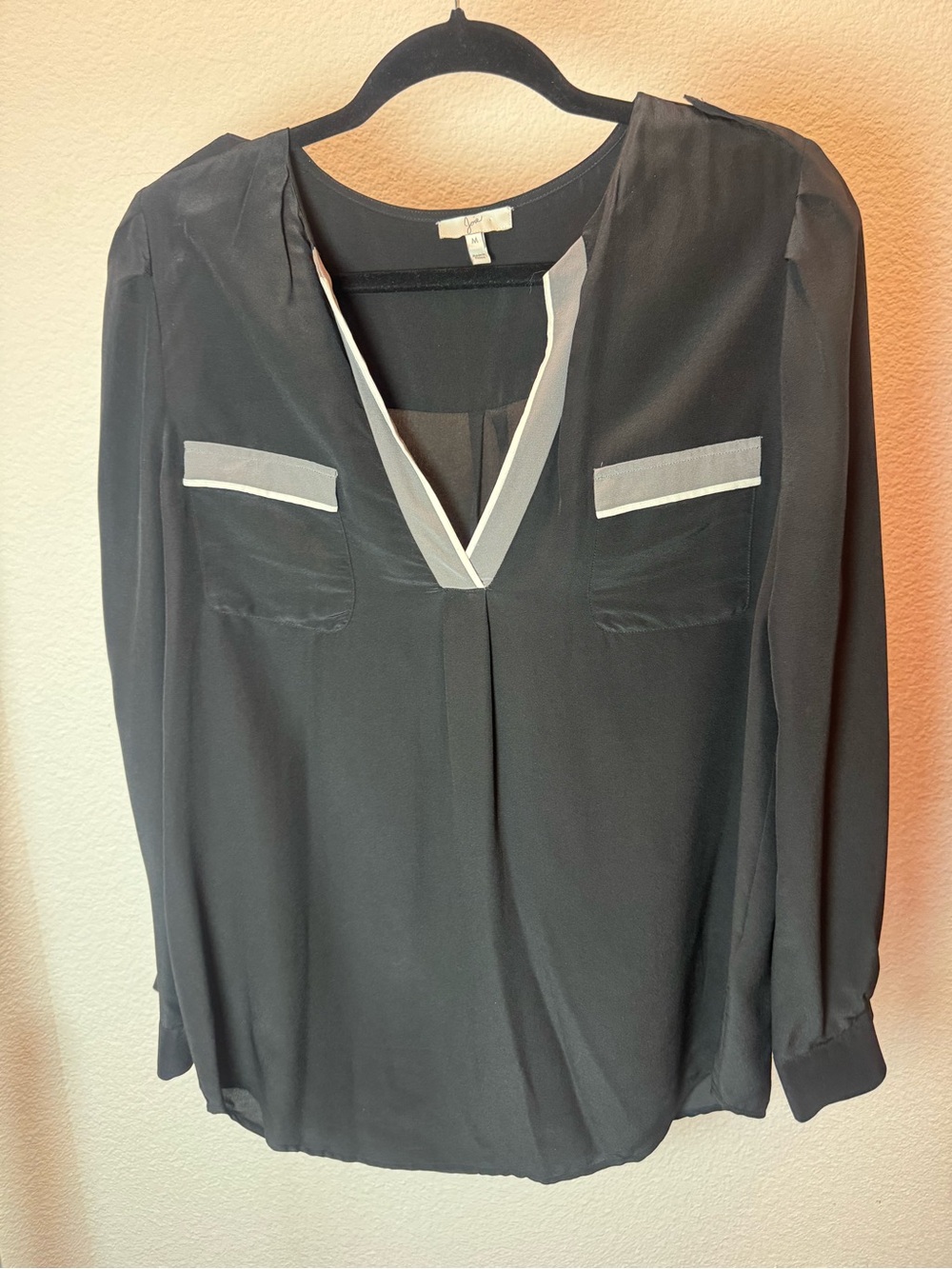 Joie Black Sheer V-Neck Blouse White Trim Size Medium